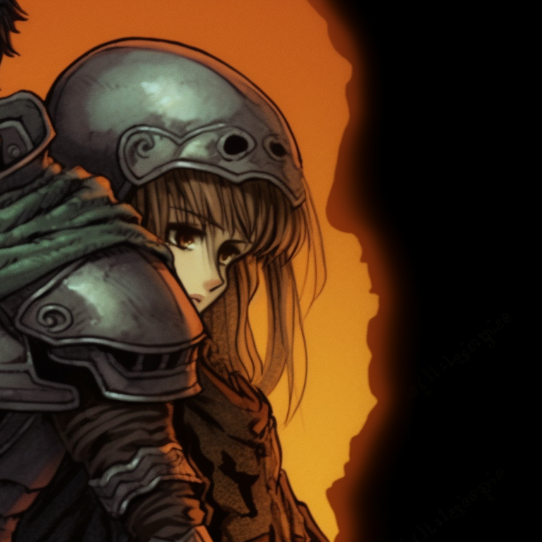 Close-up of orange pumpkin and Casca in pumpkin themed outfits, expressive eyes and vivid colors berserk characters in halloween outfits pfps pfp for discord.