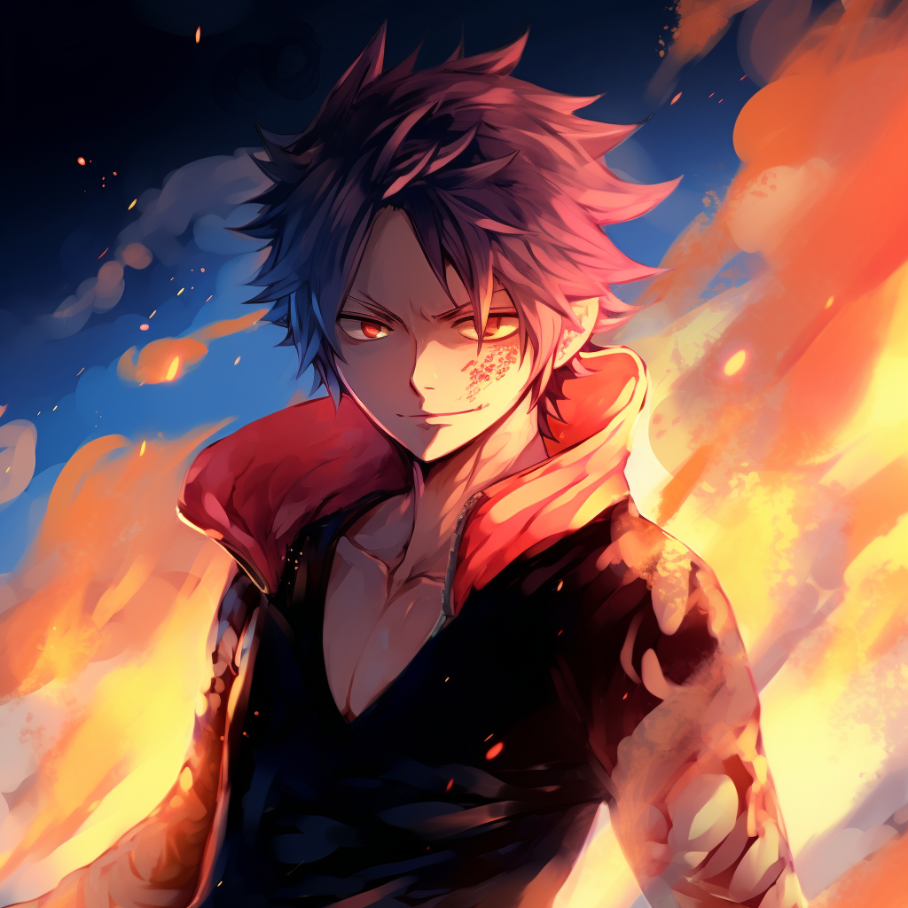 Natsu in a fighting stance, sharp lines, and bold colors. anime characters with fire powers