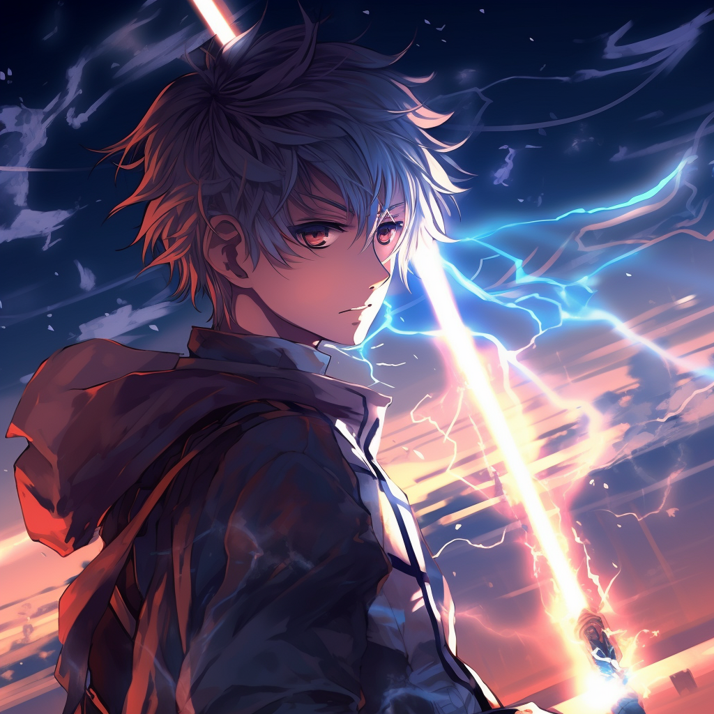 Anime boy holding a sword under a night sky, using a cool color palette with warm highlights. 4k anime boy profile photos