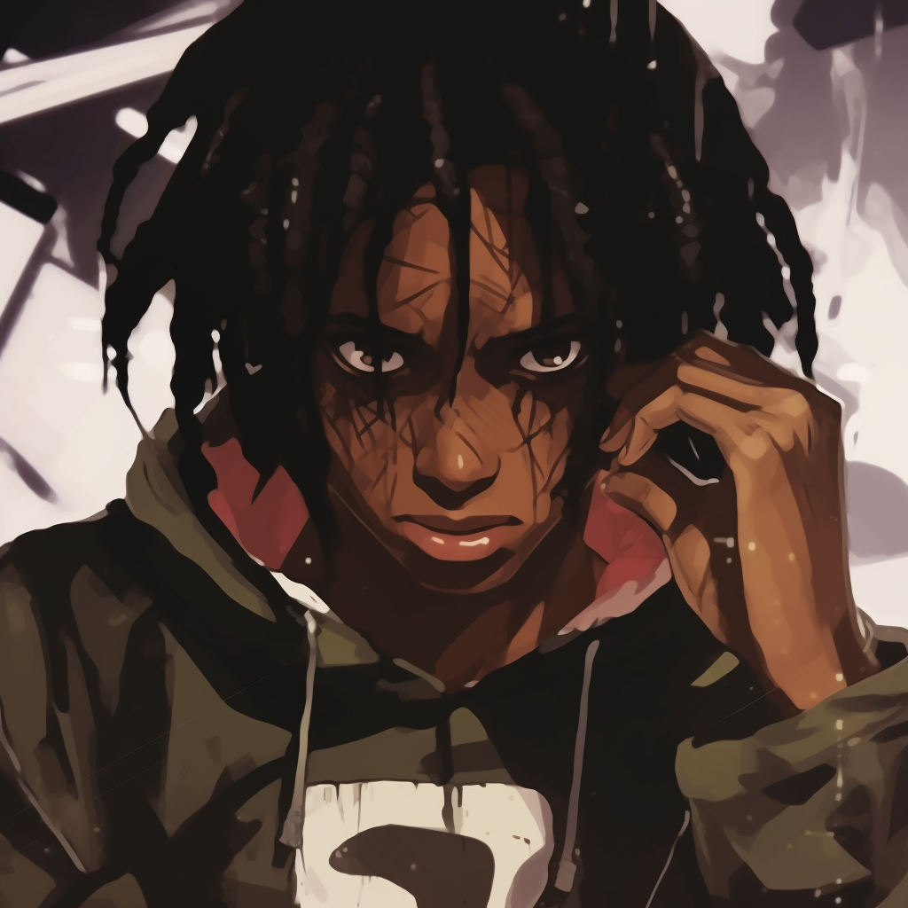 Playboi Carti in the style of Attack on Titan, intense expressions and muted tones. playboi carti anime pfp aesthetics