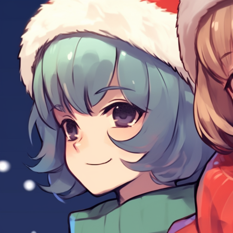 Two characters, sporting harmonious Christmas accessories, the red and green hues creating a festive mood. stylish matching aesthetic pfp for christmas pfp for discord.