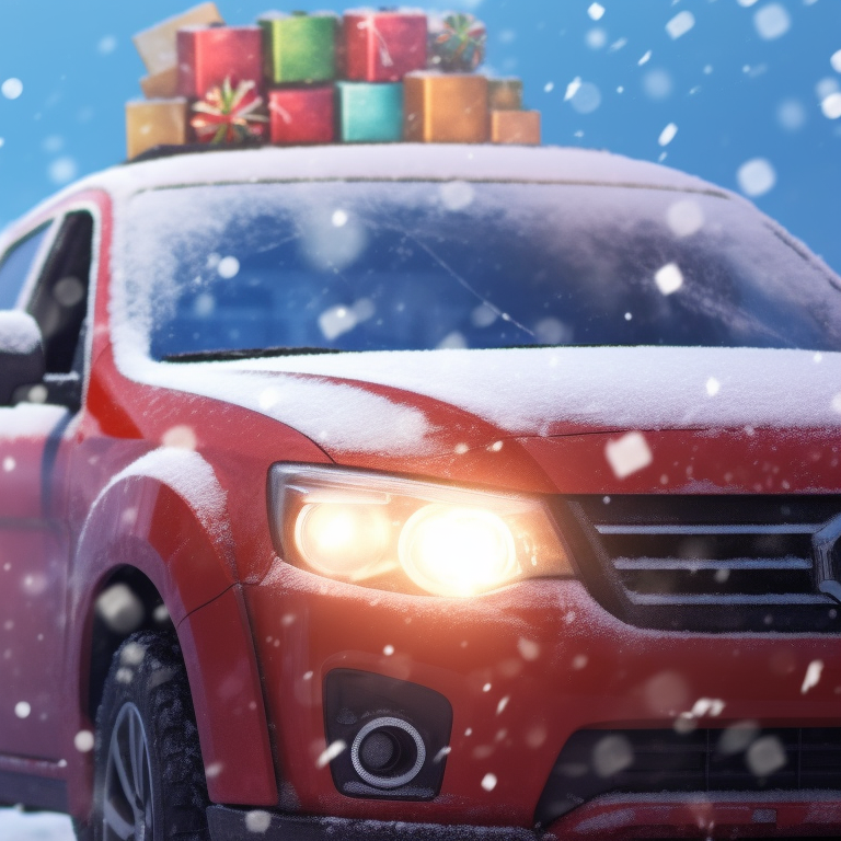 Two anime characters leaning against a classic holiday car, adorned with Christmas lights and decor. beloved holiday car matching guides pfp for discord.