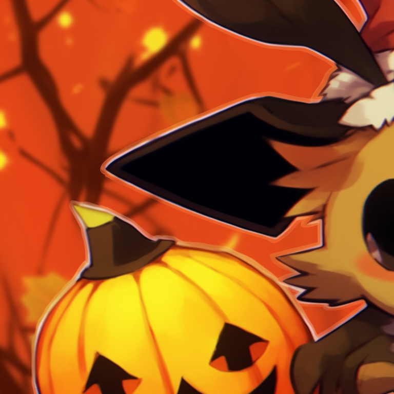 Two Eevee evolutions, Umbreon and Espeon, with contrasting auras and deep, rich colors, standing on either side of a glowing Jack o'lantern. best matching pokemon pfp for halloween theme pfp for discord.