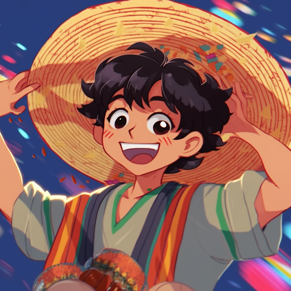 Anime boy character shaking maracas, rhythmical motion lines and warm color palette. stylish mexican pfp boys pfp for discord.