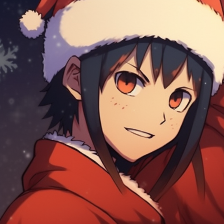 Itachi and Sakura under a snowfall, shrouded in warm-colored Christmas lights. notable matching christmas pfp from naruto anime pfp for discord.
