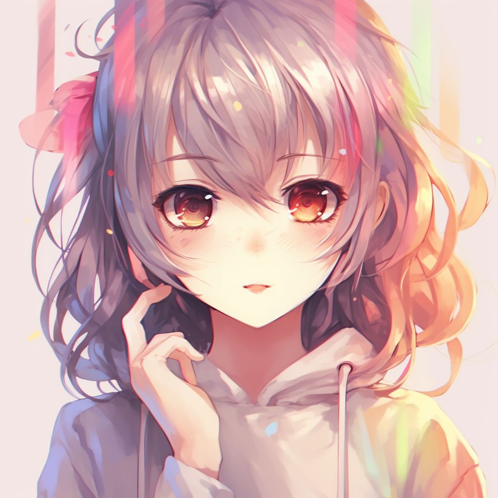Anime girl with rainbow-colored eyes, soft, ethereal lines and sweet expression. multicolored cute pfp anime