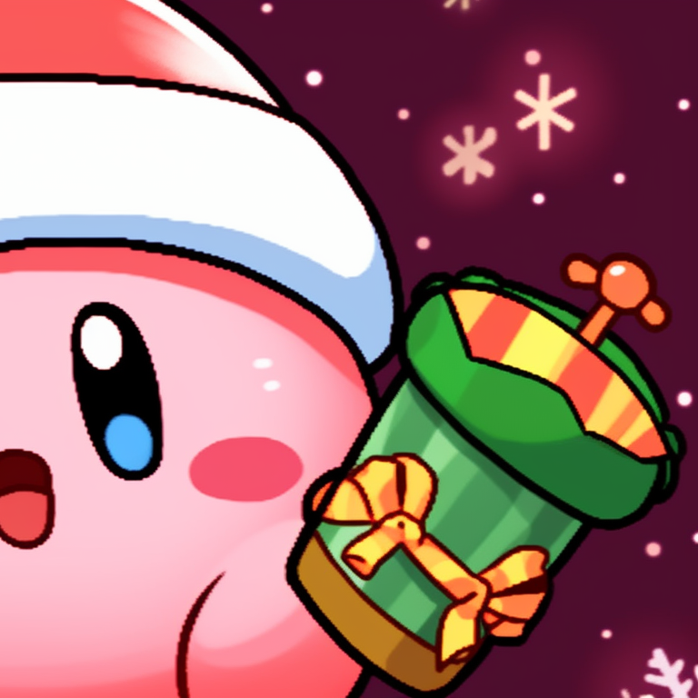 Two Kirby characters, detailed holiday accessories, striking  contrast. best matching kirby christmas pfp pfp for discord.