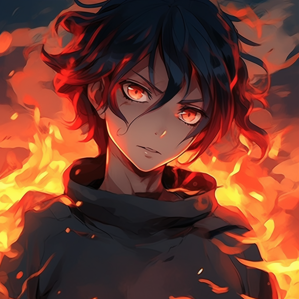 Focus on the character's eyes glowing with fire, fine details in the pupils. female fire anime pfp