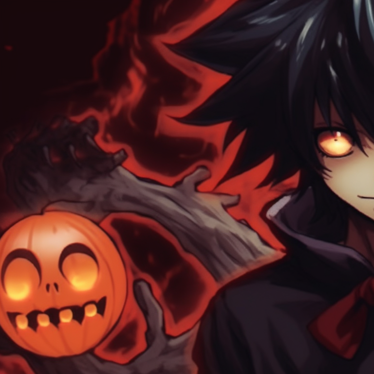 Two characters standing back-to-back, cast in gloomy shadows, each holding a Halloween-themed Death Note. death note matching pfp halloween theme: spooky edition pfp for discord.