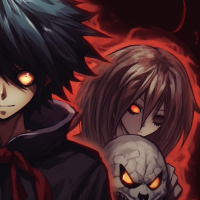 Two characters standing back-to-back, cast in gloomy shadows, each holding a Halloween-themed Death Note. death note matching pfp halloween theme: spooky edition pfp for discord.