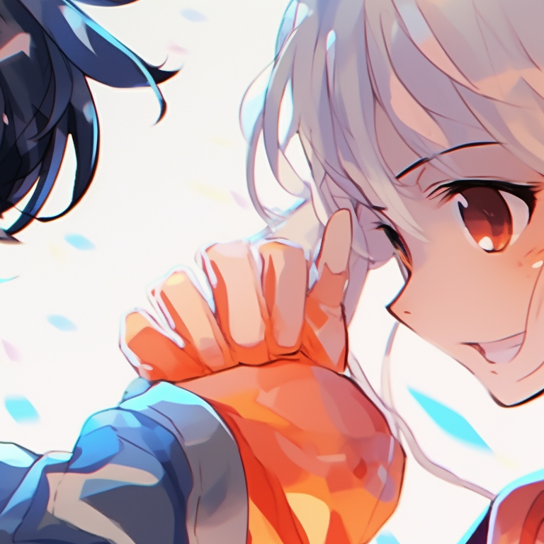 Characters in similar anime outfits, friendly vibe, use of cool colors cute matching pfp in anime genre pfp for discord.