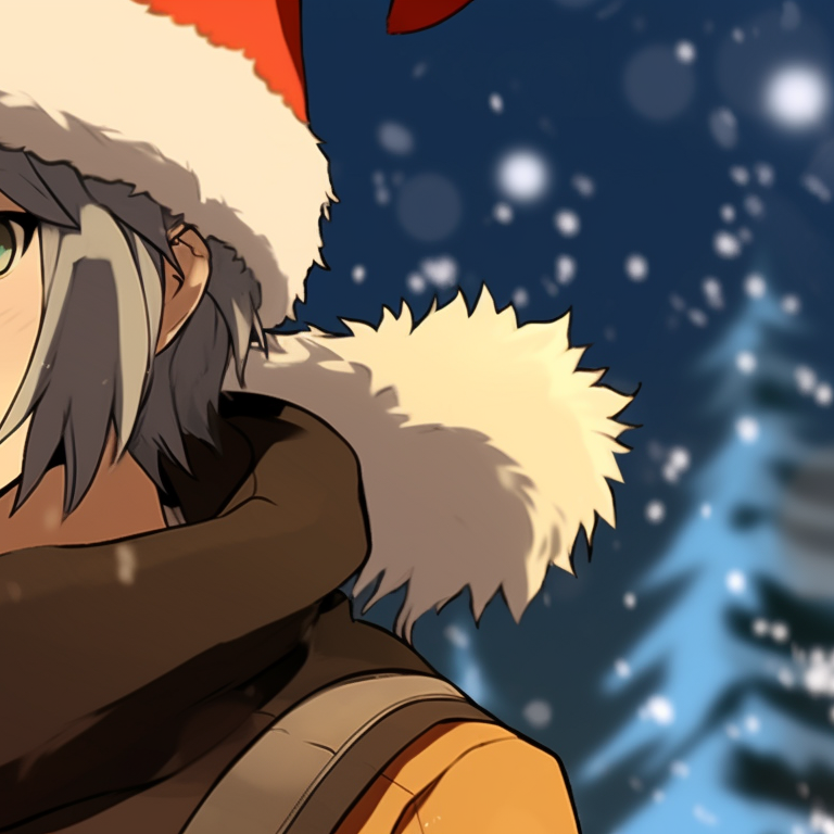 Two characters, exchanging gifts, the scene delicately illustrated with soft colors and rich details. christmas anime matching pfp pfp for discord.