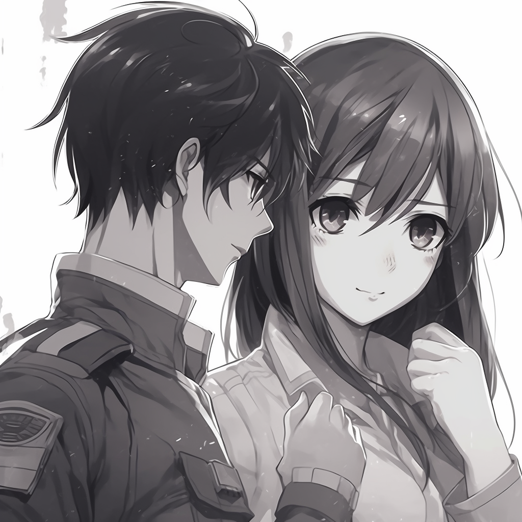 Eren Jaeger and Mikasa Ackerman in uniform, muted tones and detailed linework. artistic anime matching pfp couples