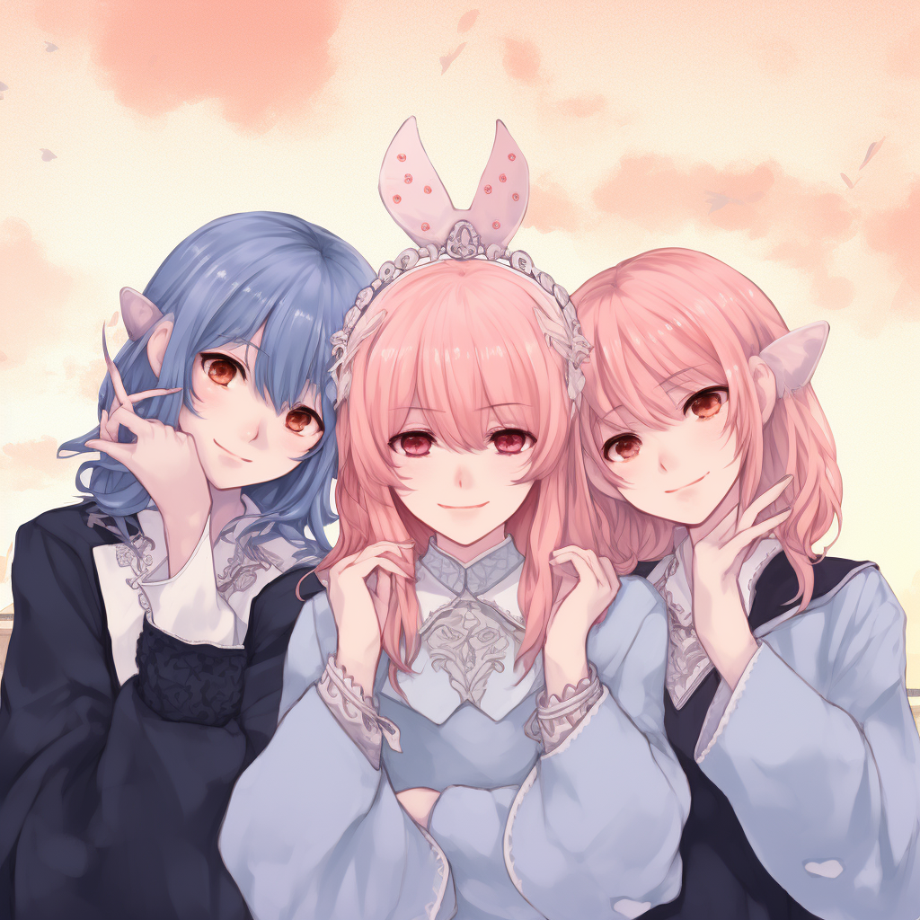 Pastel-tone anime girl group, minimal use of lines and airy ambiance. aesthetic anime trio pfp pfp for discord.