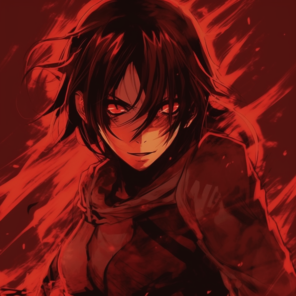 Eren Yeager from Attack on Titan in an attack stance, sharp lines and saturated red hues. excellent red anime pfp selection