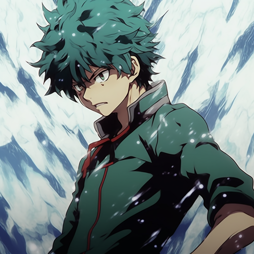 Midoriya 'Deku' Izuku in action, dynamic pose with fluid lines and energetic hues. modern anime characters pfp