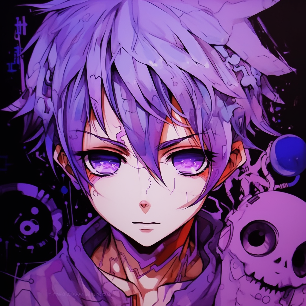 Anime character capturing attention with lavender-colored hair, stark contrasts and fine details. eye-catching purple anime boys