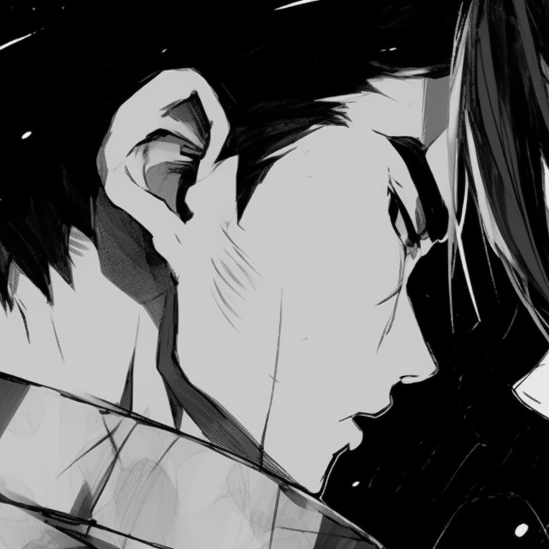 Two characters, stark black and white contrast, engaged in a battle stance. black and white matching pfp anime styles pfp for discord.