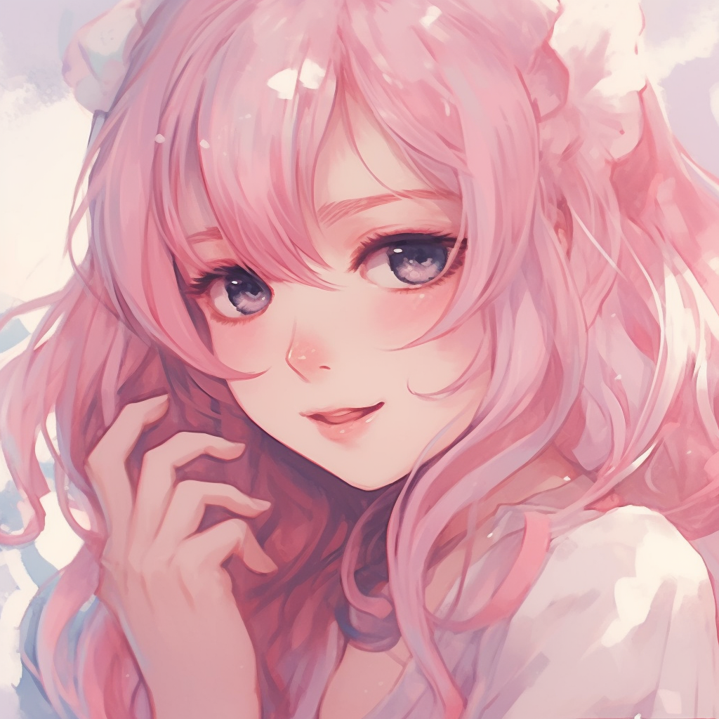 Glowing anime girl engrossed in a serene moment, pastel pink color theme and fluid lines. stunning pfp pink anime girl art pfp for discord.