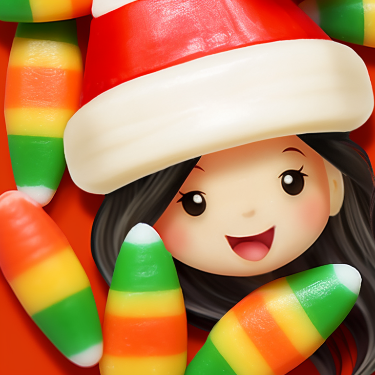 Close-up of two characters, eyes gleaming with festive cheer, clad in candy corn colored accessories. candy corn styled matching christmas pfp pfp for discord.