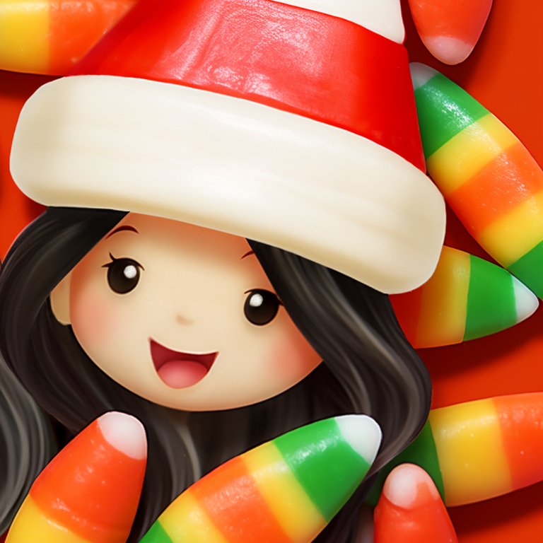 Close-up of two characters, eyes gleaming with festive cheer, clad in candy corn colored accessories. candy corn styled matching christmas pfp pfp for discord.