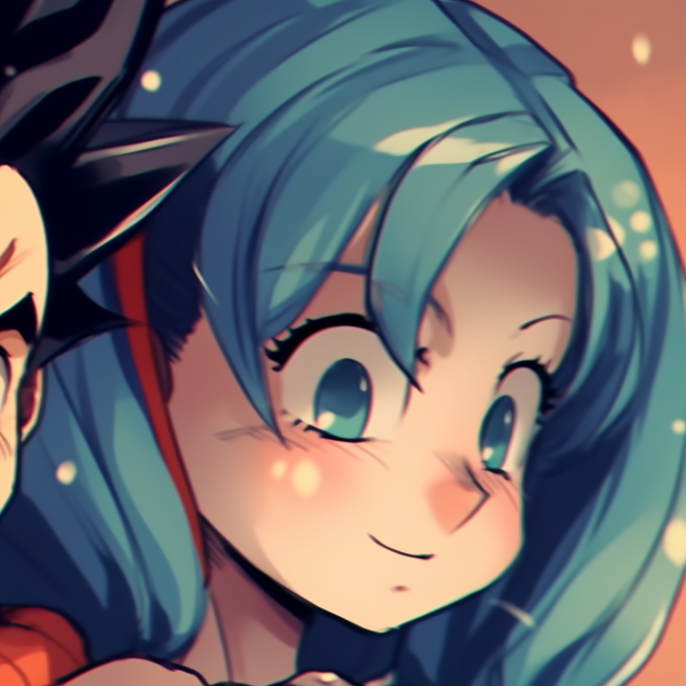 Bulma and Vegeta in cozy holiday outfits, warm tones and radiant illumination. christmas dragonball lovers bulma and vegeta matching pfp pfp for discord.