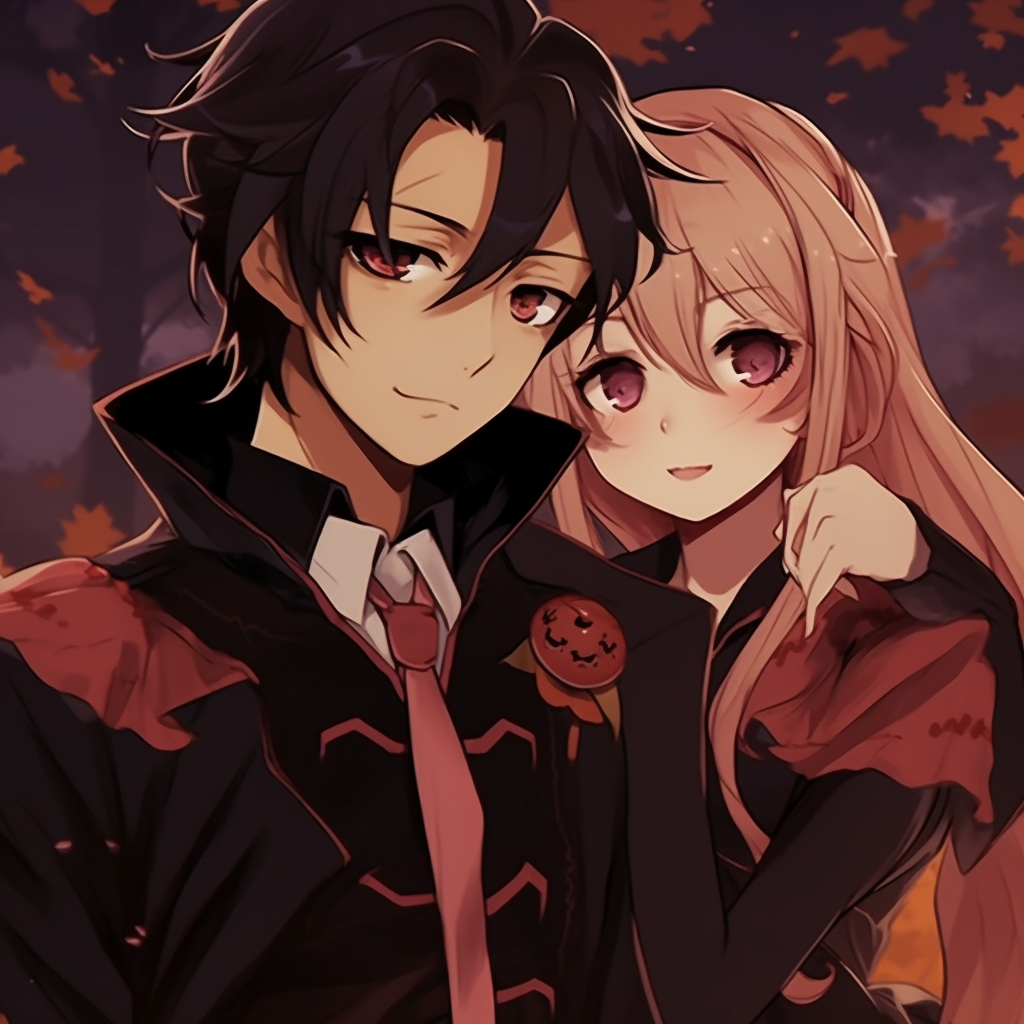Halloween-themed anime duo in a twilight setting, cool colors and sharp silhouettes. halloween pfp anime duos