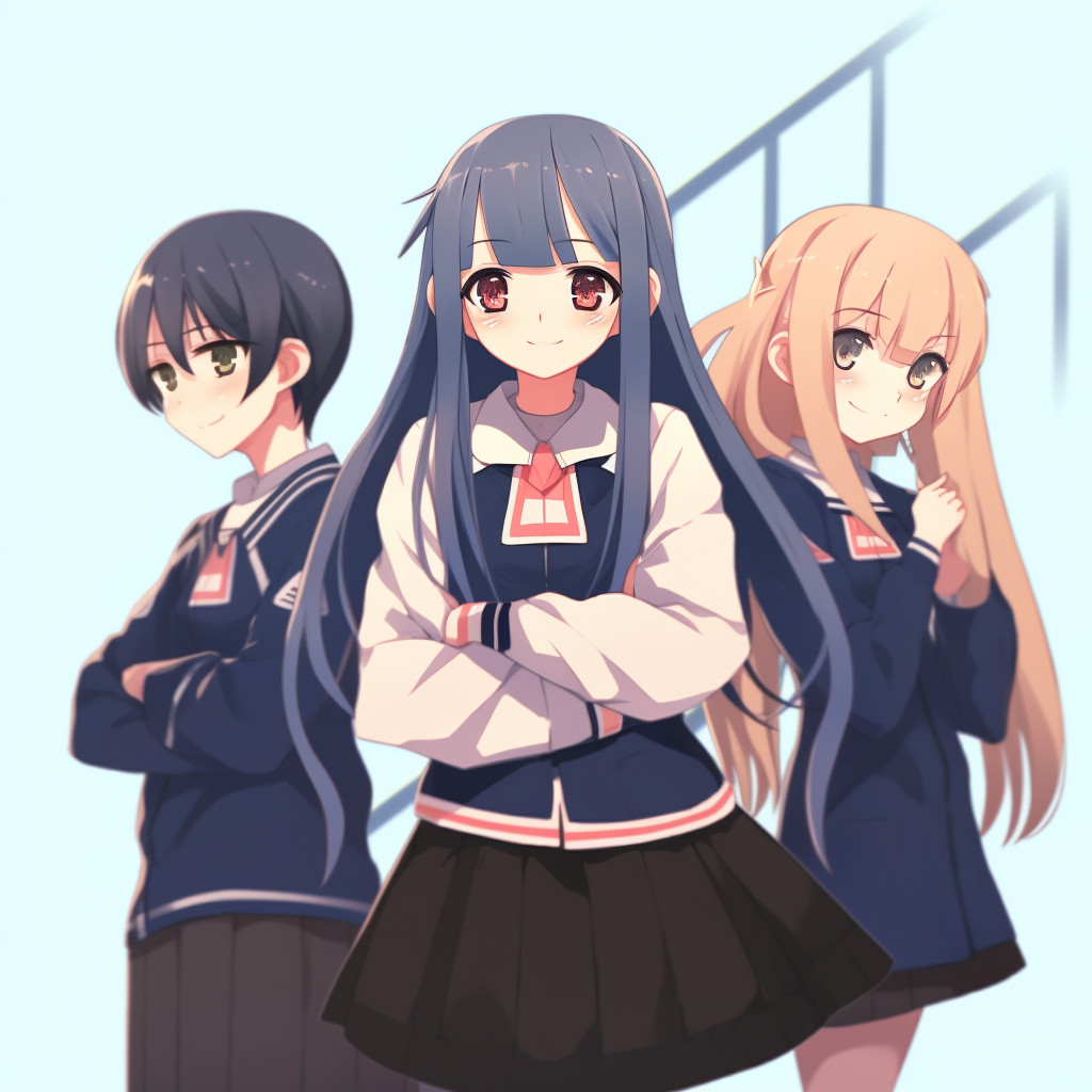 Profile pic of a trio of anime girls in school suit, strong outlines and crisp texture. anime pfp girl trio pfp for discord.