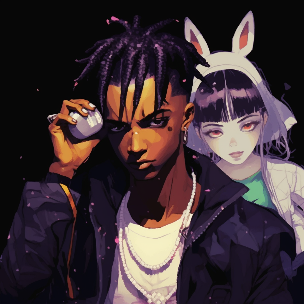 Carti in a casual pose, relaxed body language and subtle color palette. playboi carti in anime art style