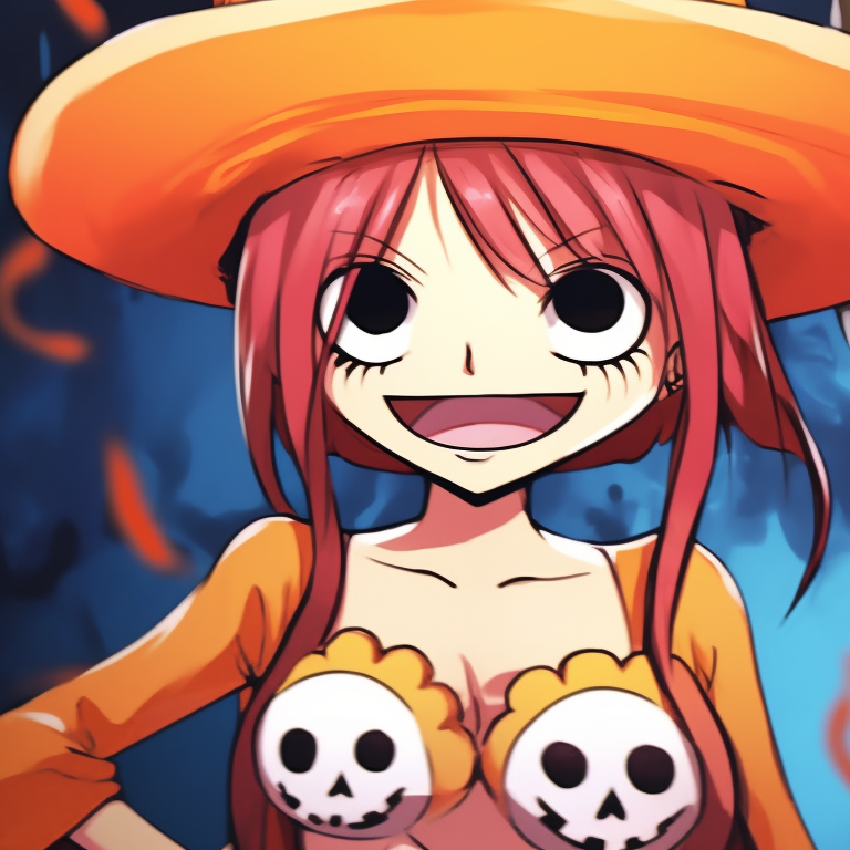 Luffy and Nami in Halloween costumes, vibrant colors with detailed patterned backgrounds. Luffy in a pirate costume and Nami in a witch costume. matching pfp with luffy and nami theme pfp for discord.