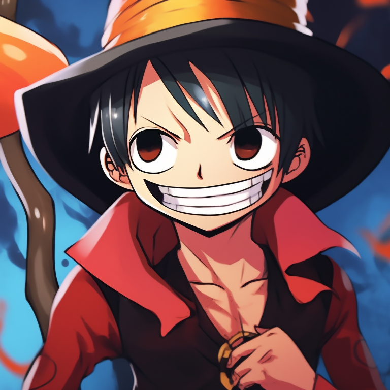 Luffy and Nami in Halloween costumes, vibrant colors with detailed patterned backgrounds. Luffy in a pirate costume and Nami in a witch costume. matching pfp with luffy and nami theme pfp for discord.