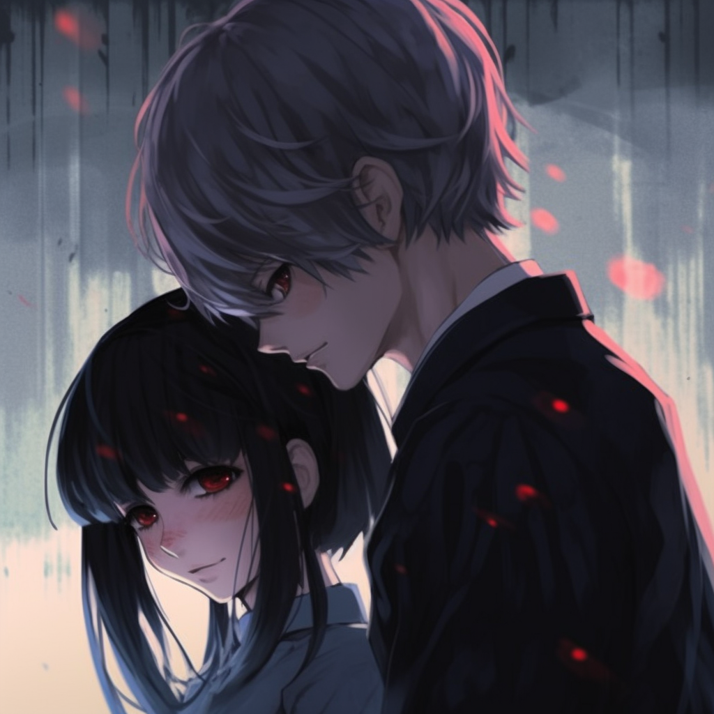 Kaneki and Touka from Tokyo Ghoul posing together, dark tones and intense expressions. impressive anime couple pfp