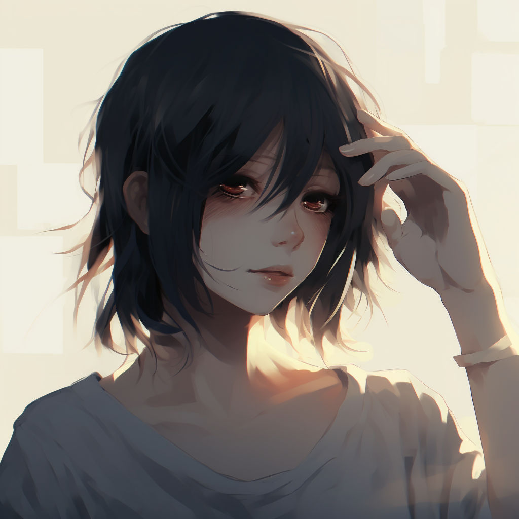 Anime character at dusk, with a glum expression, using dim lighting, and contrasting colors to highlight the sunset. aesthetic depressed anime pfp pfp for discord.