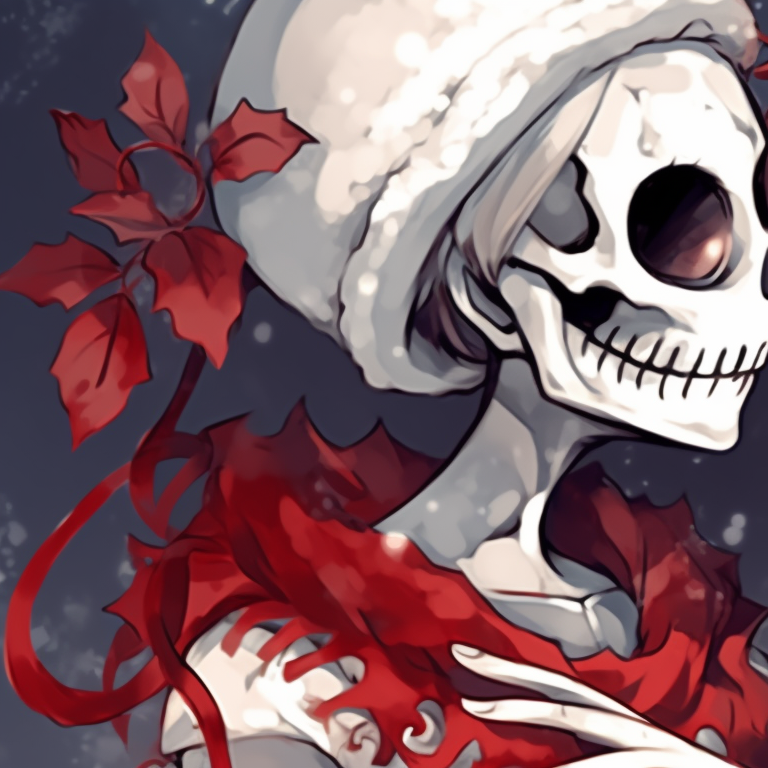 Two skeleton characters in Santa outfits, using a soft color palette and watercolor style, embracing. santa skeletons - matching christmas pfp, kissing style pfp for discord.