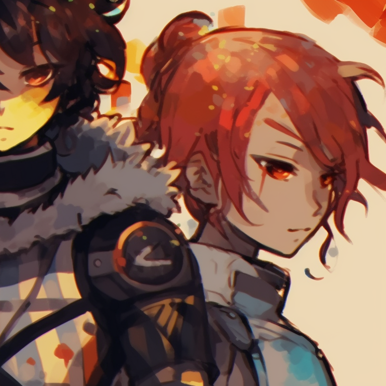 Three characters in battle gear, vivid hues and edgy design, standing in formation. trio matching profile photos for friends pfp for discord.