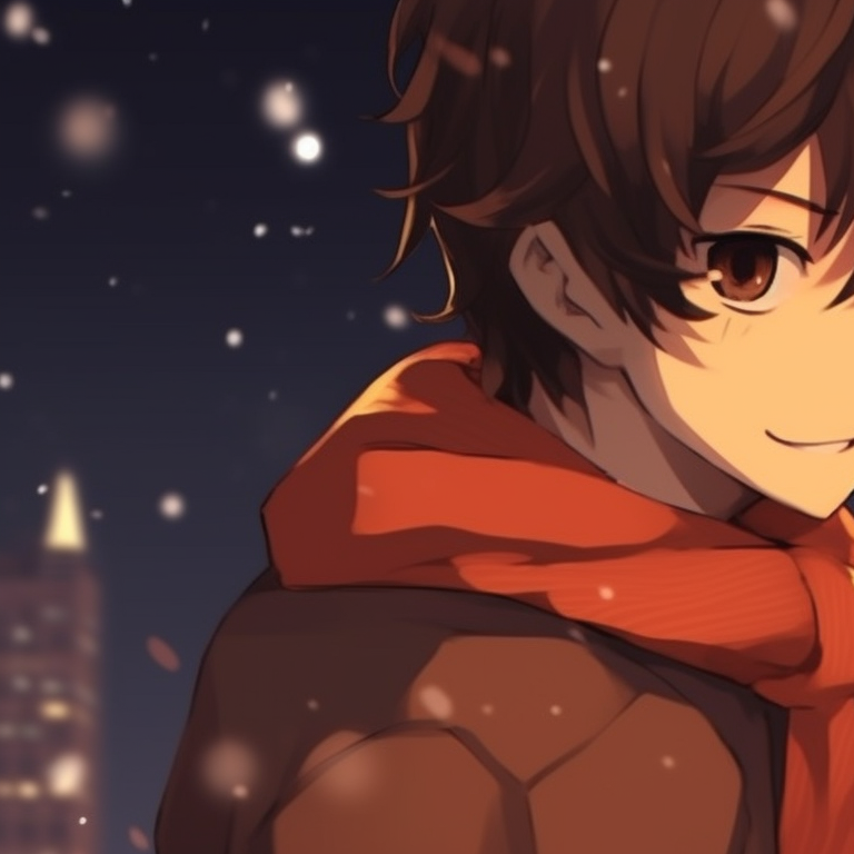 Two characters, in matching Christmas outfits with orange highlights, their smiles depict warmth and companionship, as snowflakes dance around them. orange christmas pfp variations pfp for discord.