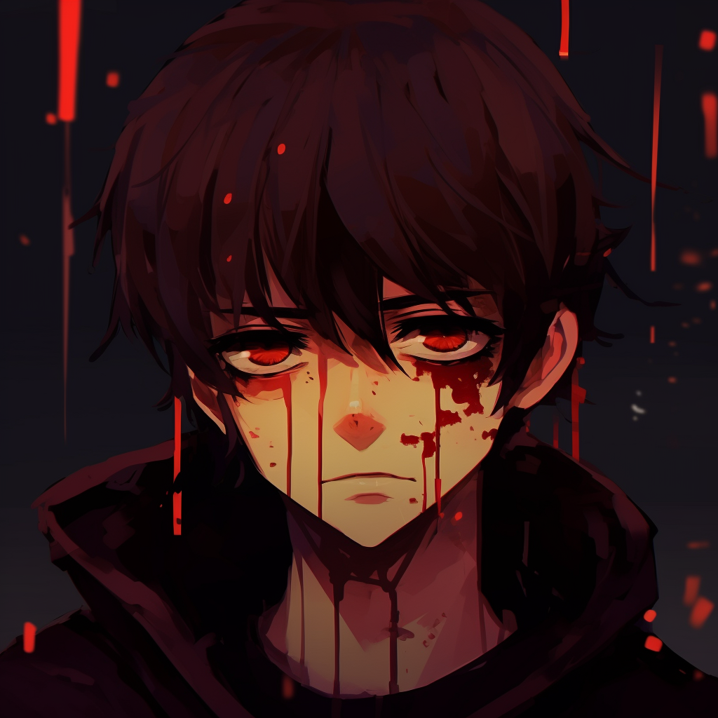 Anime boy with visible tears, vivid colors and poignant character intensity. sad pfp anime boy characters