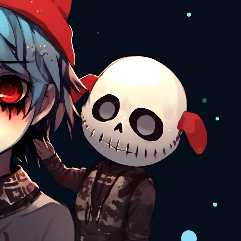 Two characters with grunge attire, dark color palette and jagged edges, sharing a decorated Christmas punk skull. grunge trend matching christmas pfp punk pfp for discord.