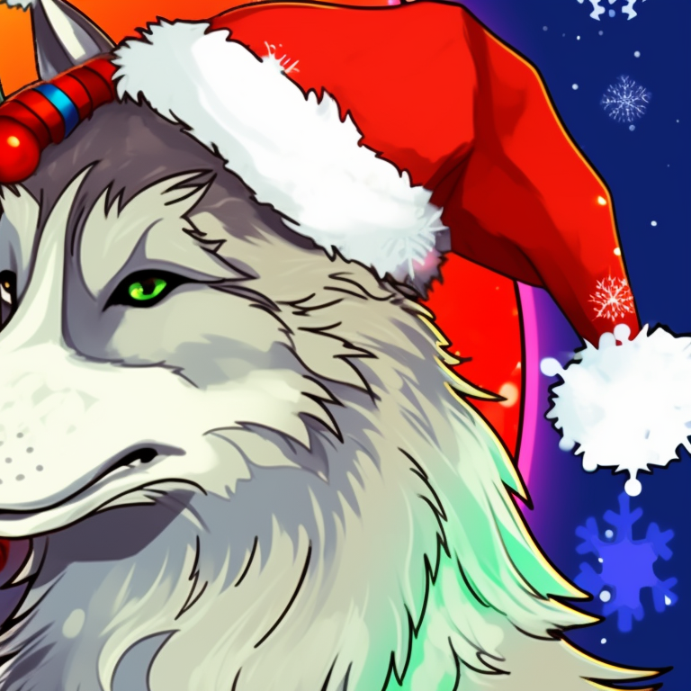 Shadowy wolf silhouettes against a snowy Christmas landscape, monochromatic with a hint of red and green tones. artistic matching christmas wolf pfp pfp for discord.