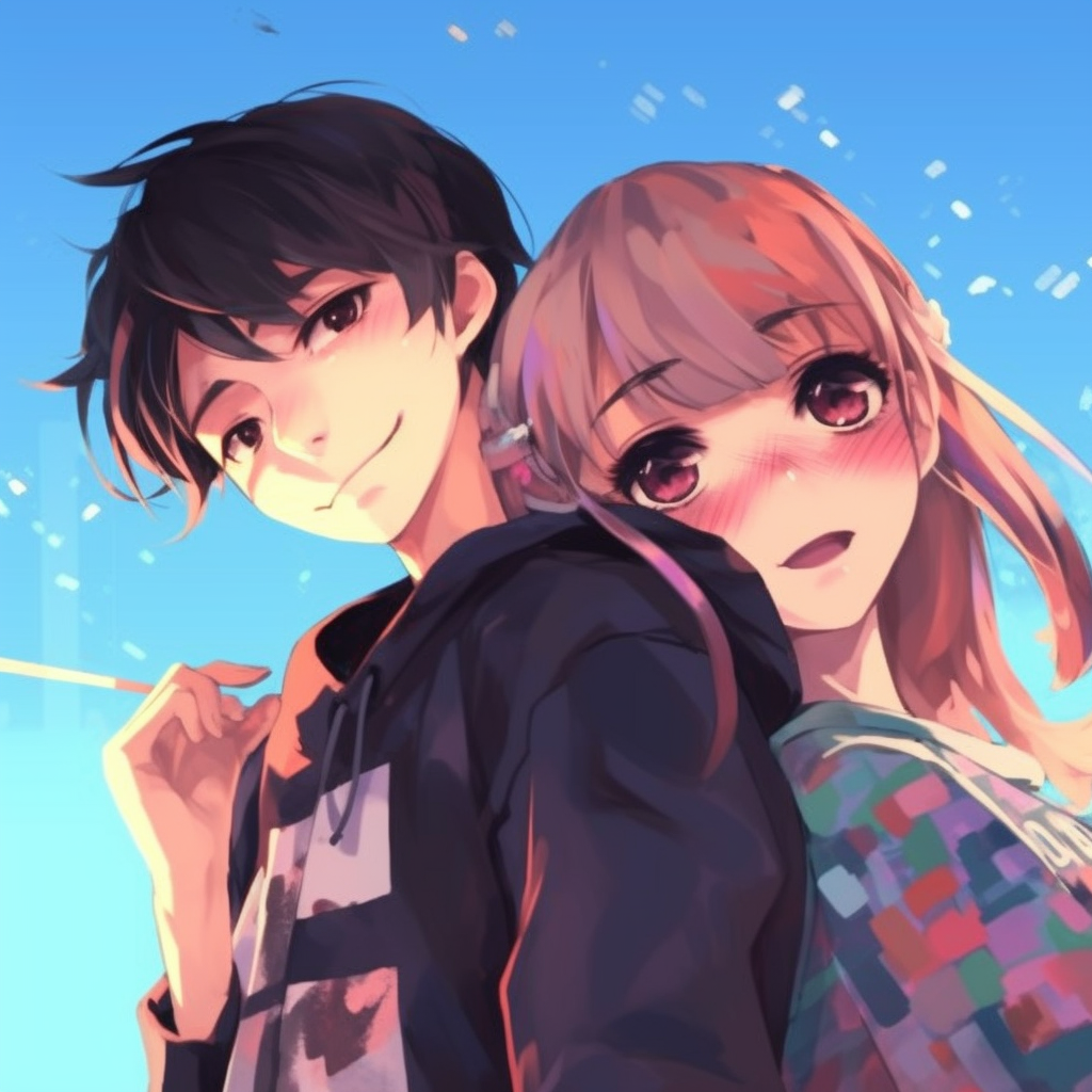 A fun, love-filled anime profile picture showing an animated exchange between the couple, contrasting colors and dynamic lines. adorable couple anime pfp