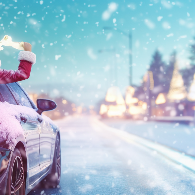 Matching sleek cars decorated like Santa's sleigh, two characters wearing Santa's outfit, sharp lines and vivid colors. stunning matching christmas car collections pfp for discord.