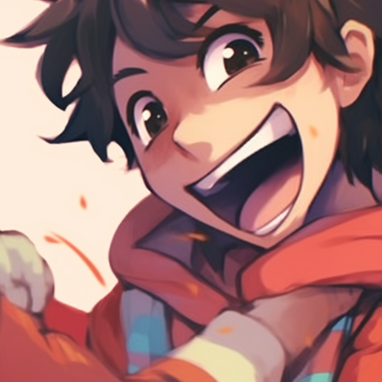 Two anime characters, bright and vibrant colors, laughing together. pfp ideas for matching with laughter pfp for discord.