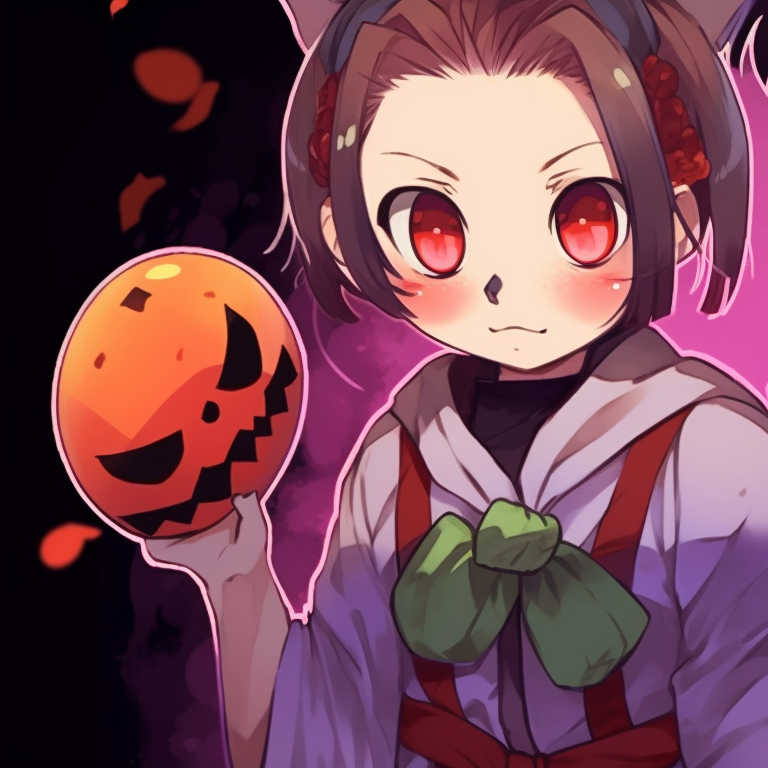 Tanjiro and Kanao in Halloween costumes, vivid colours, playfully posing. tanjiro x kanao with halloween theme pfp pfp for discord.