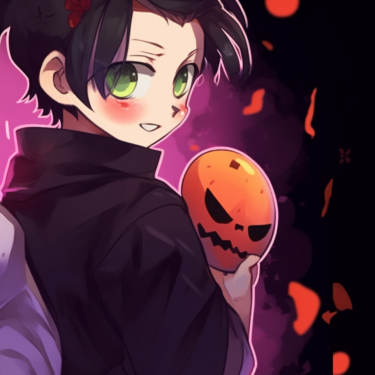 Tanjiro and Kanao in Halloween costumes, vivid colours, playfully posing. tanjiro x kanao with halloween theme pfp pfp for discord.