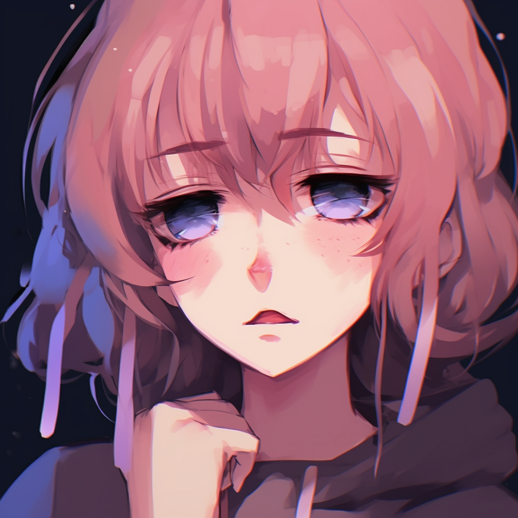 Close-up of the anime girl's eyes filled with sadness, emphasizes on minute details and use of diverse color palette. aesthetic anime girl with sad pfp
