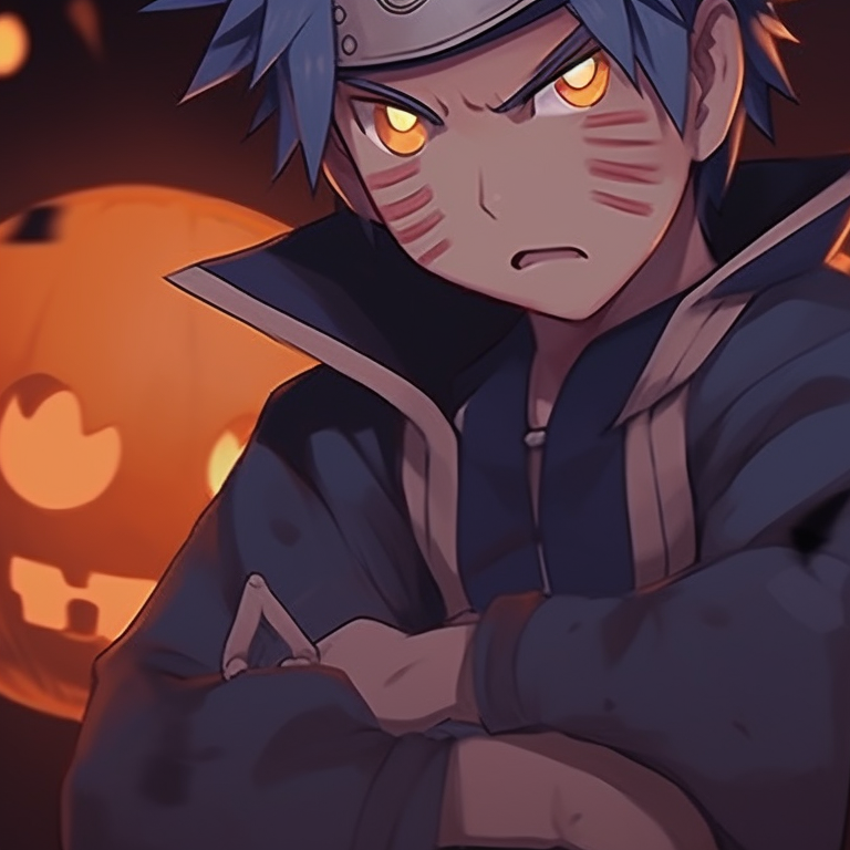 Naruto and Sasuke standing back-to-back, clad in Halloween-influenced attire, against a spooky scene. naruto and sasuke halloween duo pfp themes pfp for discord.