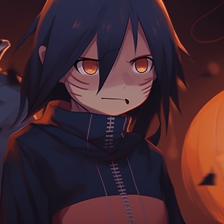 Naruto and Sasuke standing back-to-back, clad in Halloween-influenced attire, against a spooky scene. naruto and sasuke halloween duo pfp themes pfp for discord.