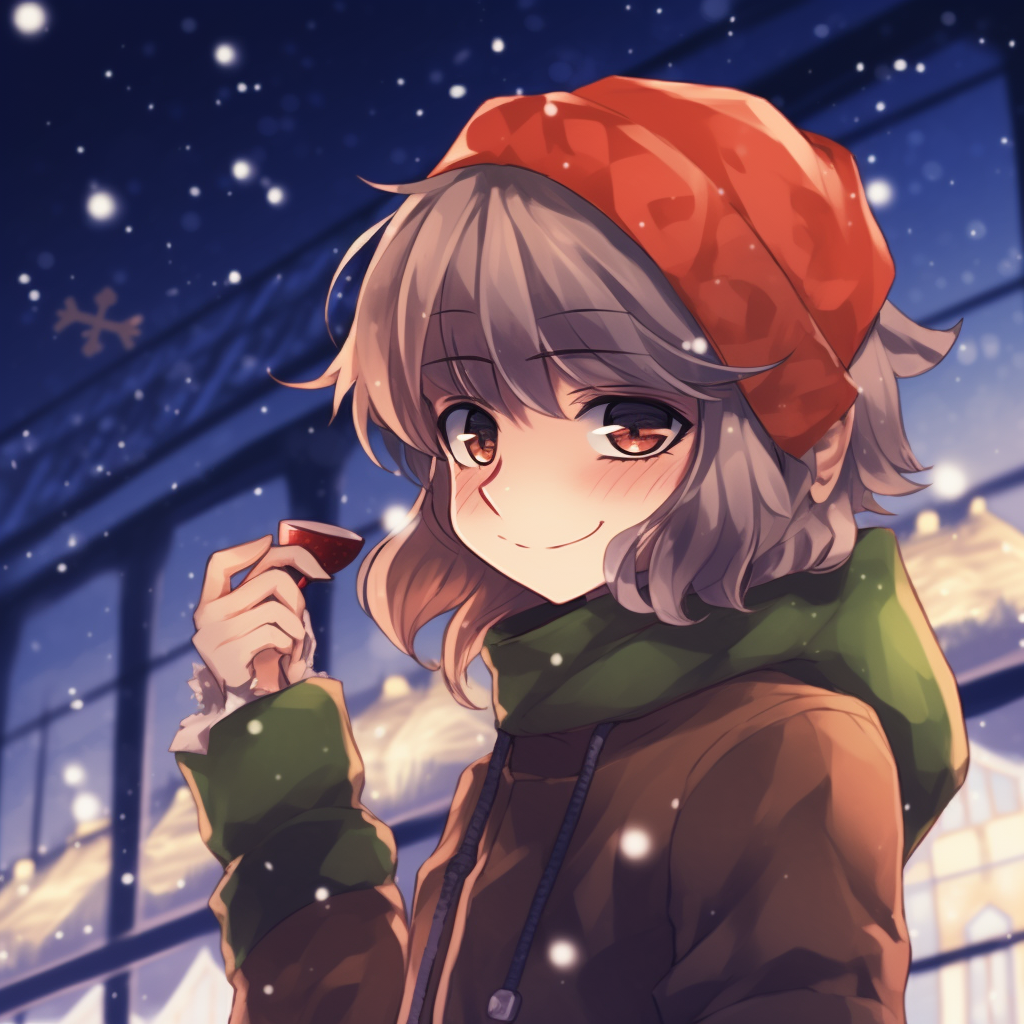 Profile picture depicting a scene with a boy and girl in anime style, adorned with Christmas elements. anime christmas pfp boy girl interaction