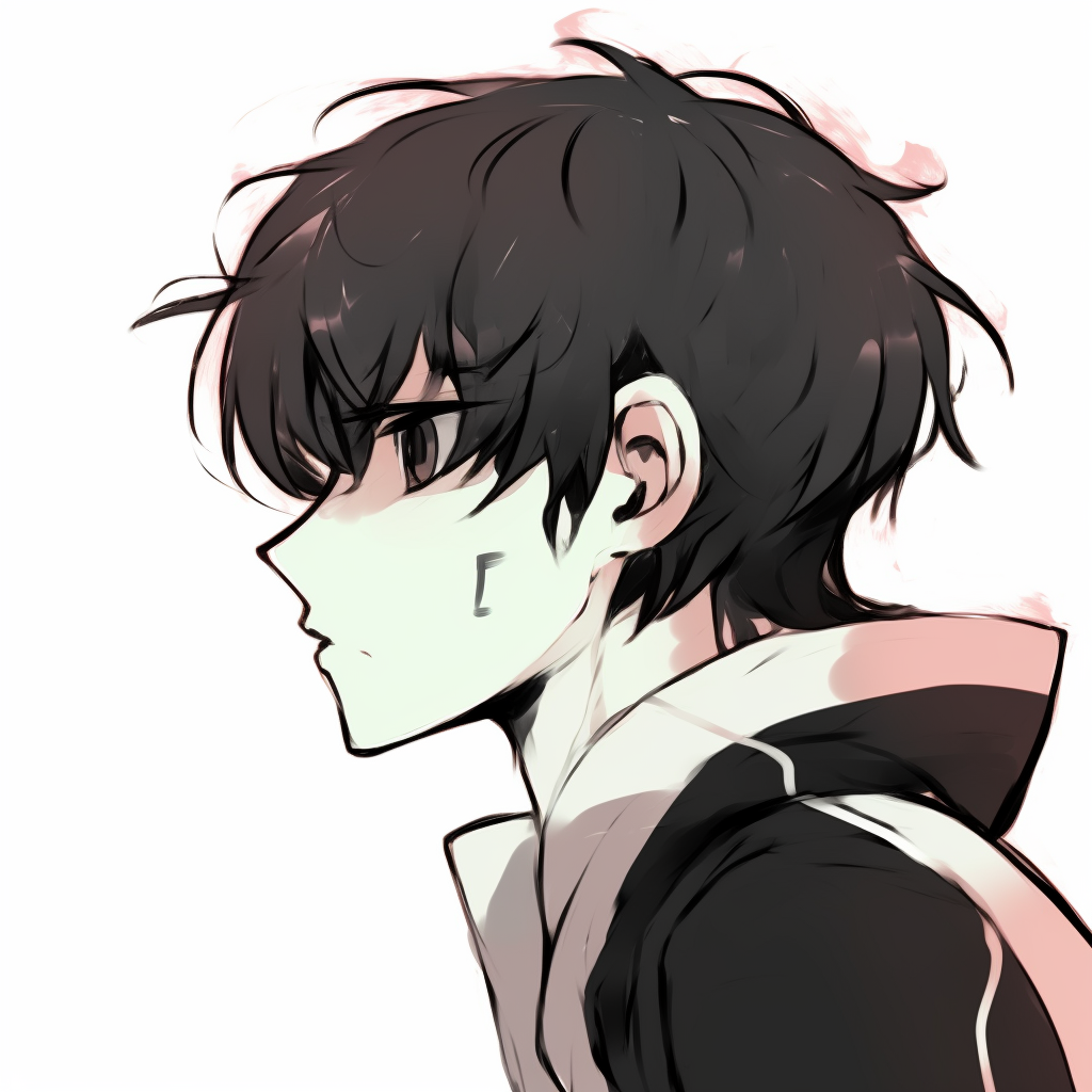 Anime boy with his gaze slightly obscured, creating an air of intrigue, high contrast and bold colors. sus anime boy pfp imagery