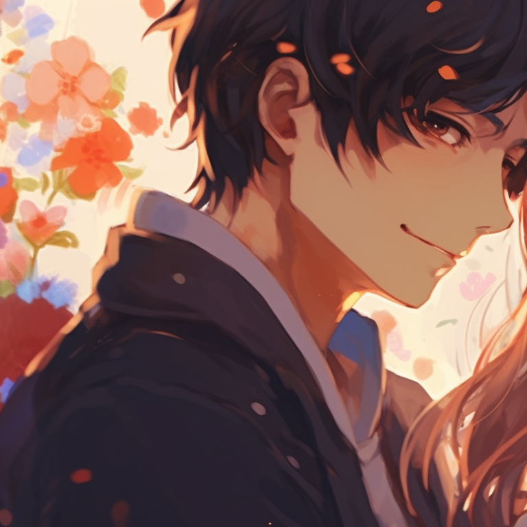 Two characters surrounded by blooming flowers, bright colors and pleasant smiles. captivating matching pfp for romantic couples pfp for discord.